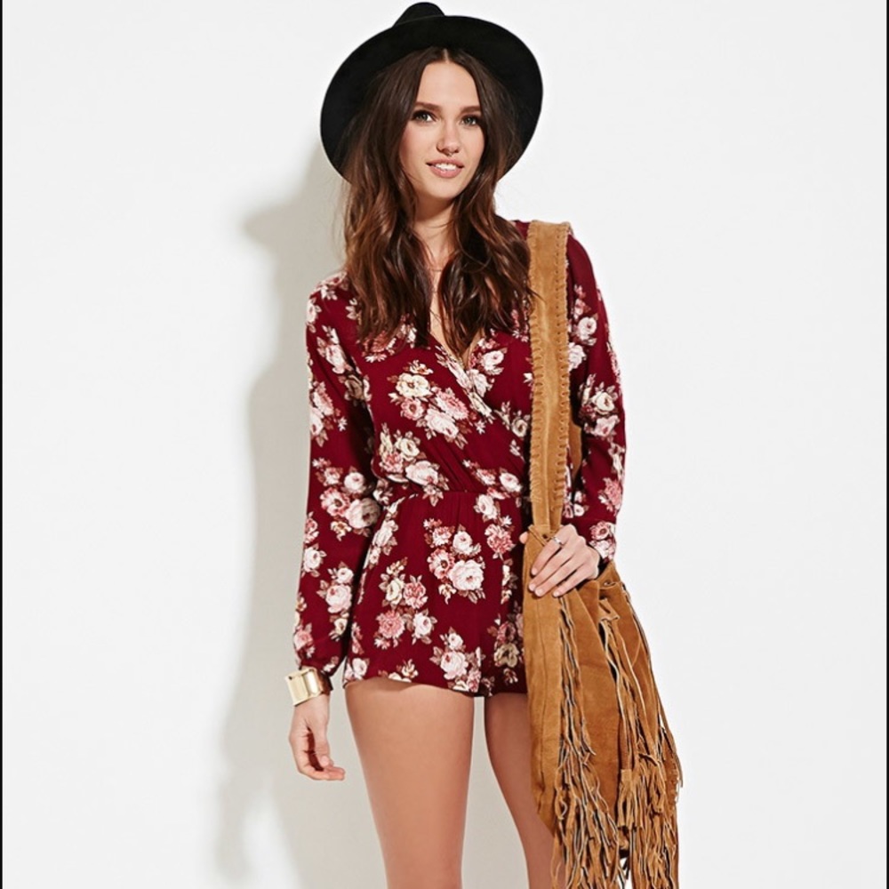 Forever 21 Burgundy half sleeve Floral romper