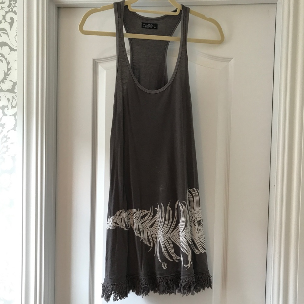 Lauren Moshi grey cotton feather dress w/fringe