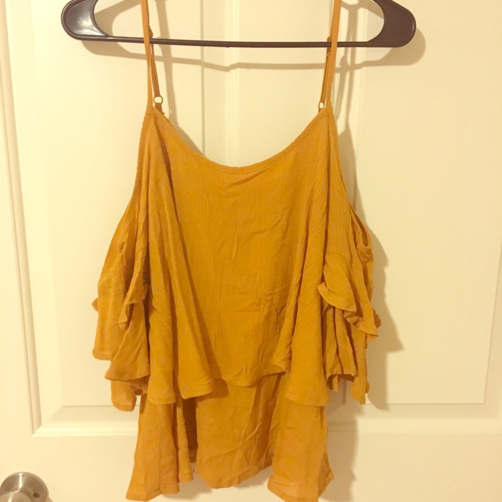 Mustard cold shoulder ruffle too