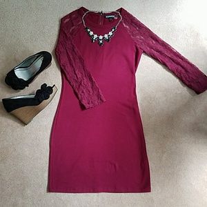 Express Burgundy Bodycon Dress- Lace Sleeves