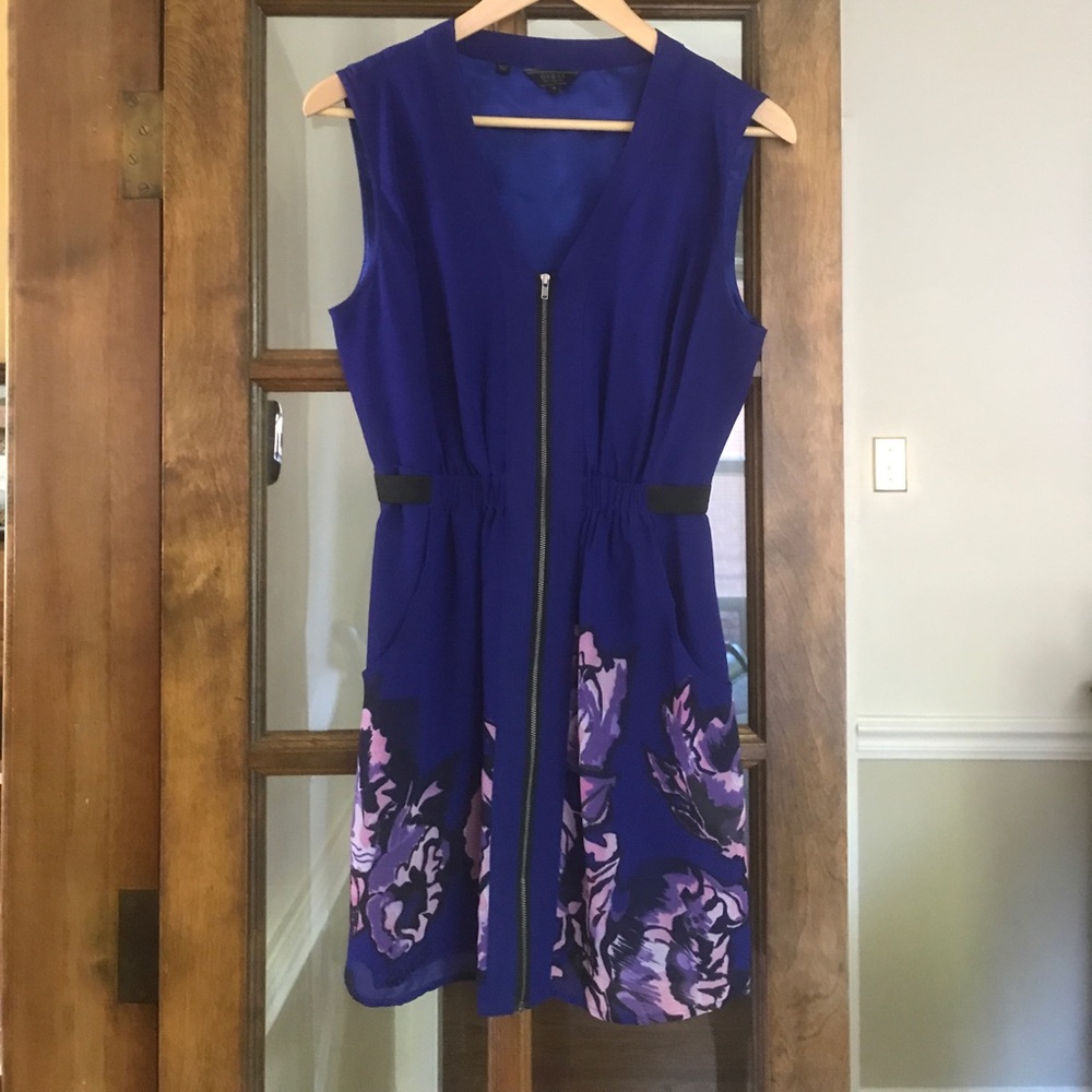 Guess Blue Flowery Front Zipper Dress w/ POCKETS