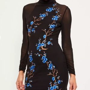 Blue Mesh Embroidered Bodycon Dress