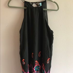 Black halter dress with embroidered design