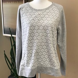 LL Bean Lt Grey Sweater w/ Floral Lace Design XL