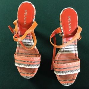 PRADA ORANGE AND WHITE WEDGE W/CORK & WOOD