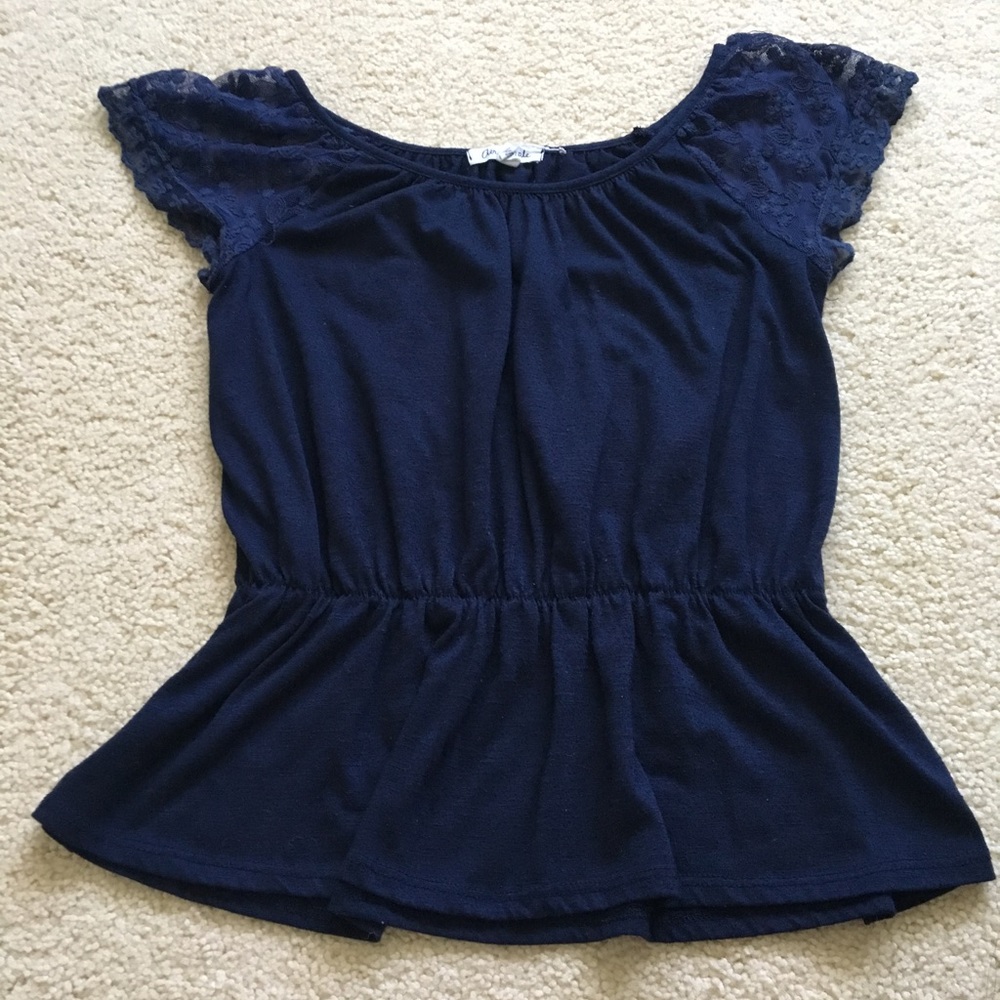 Navy Blue Peplum Top w/ Lace Sleeves