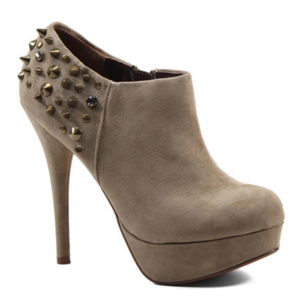Tan Antique Gold Spiked Booties Platform Heels