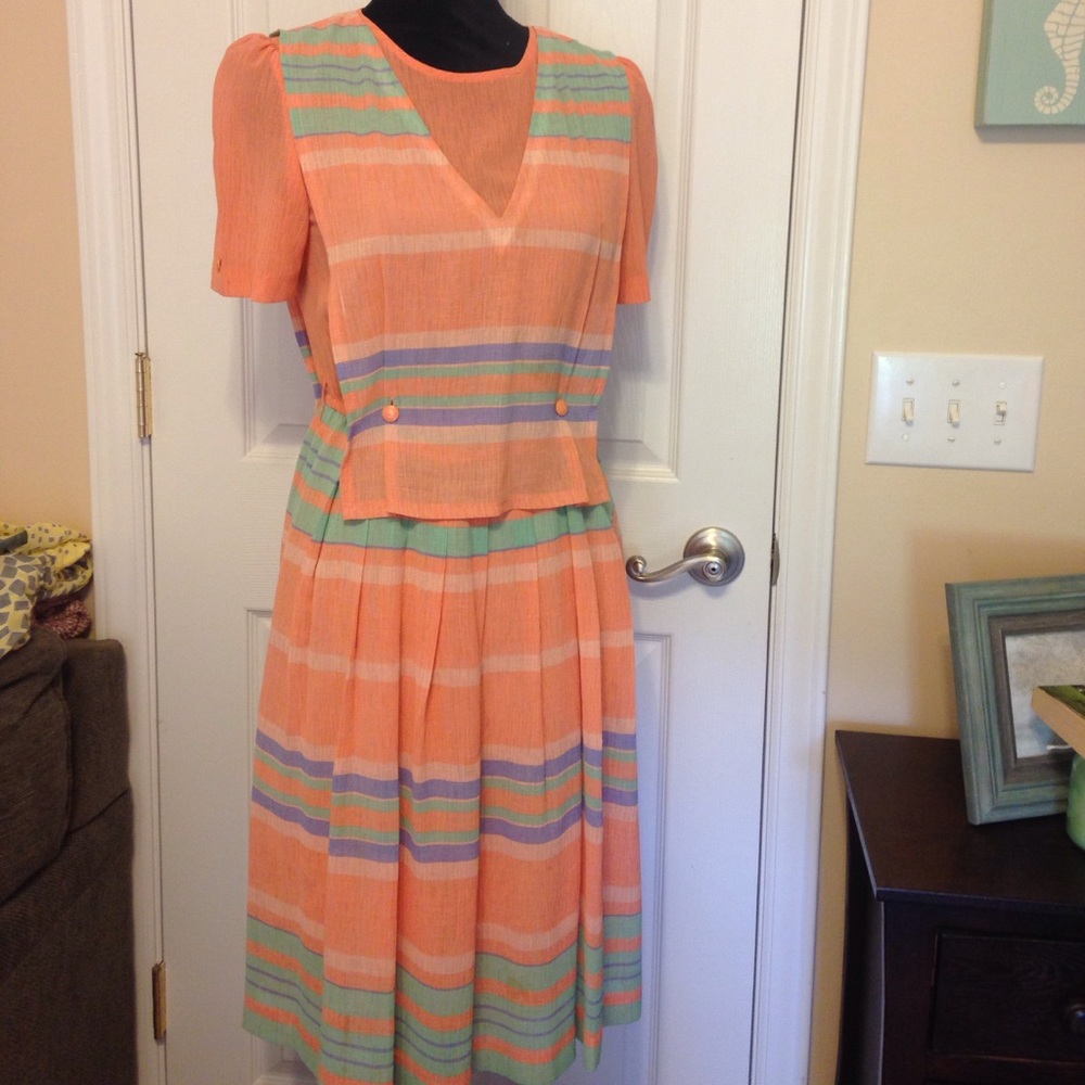 Coral and green dress