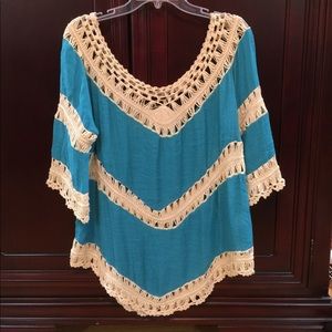 Vibrant aqua & crochet shirt