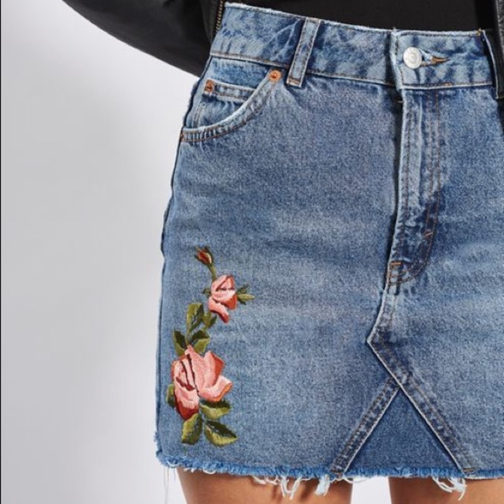 TOPSHOP Moto denim embroidered skirt