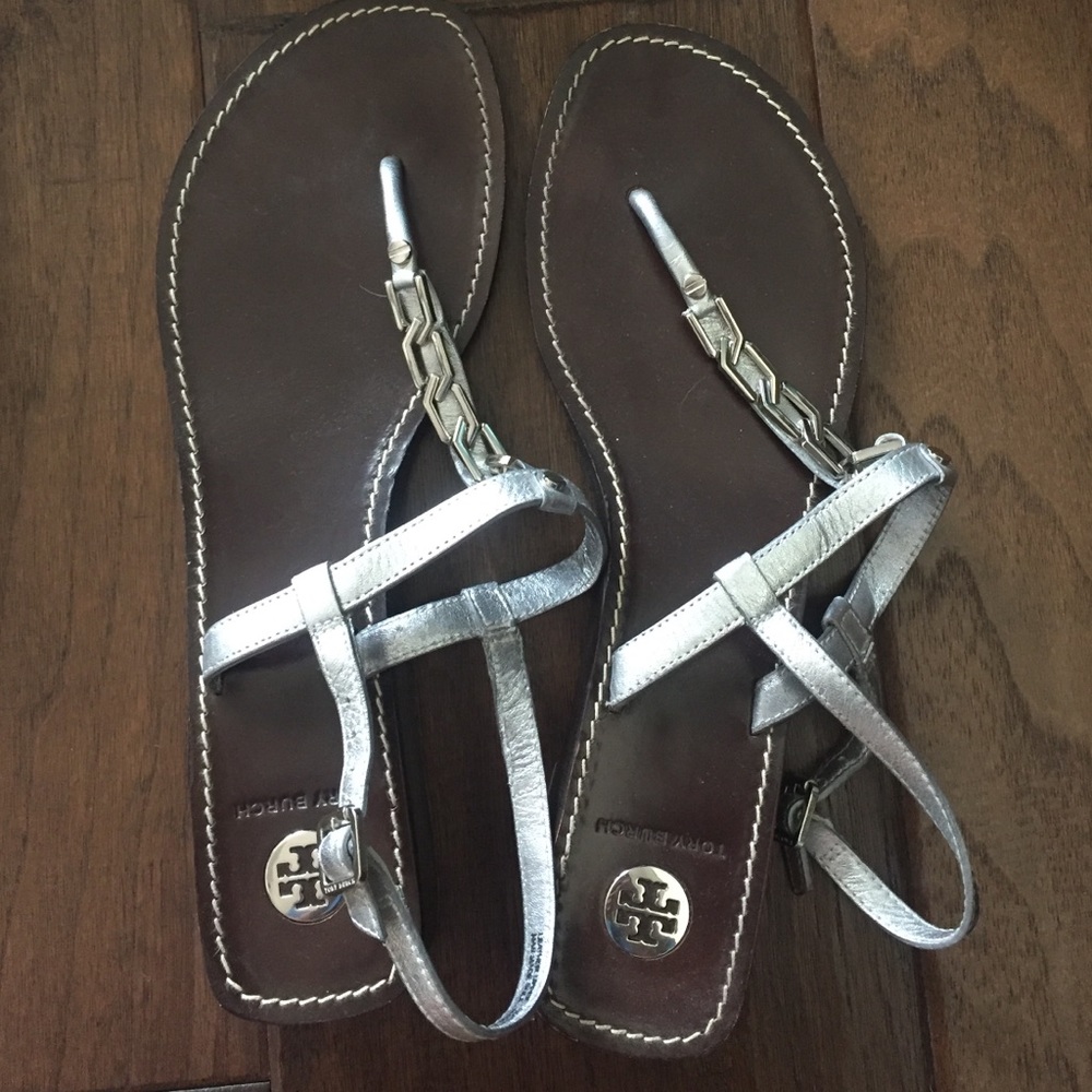 Dark Brown and silver torrey burch sandals