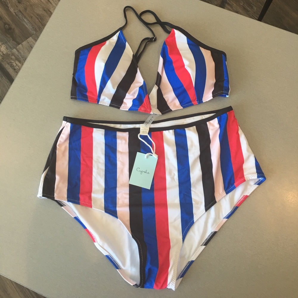 Striped high waisted multi-color bikini set