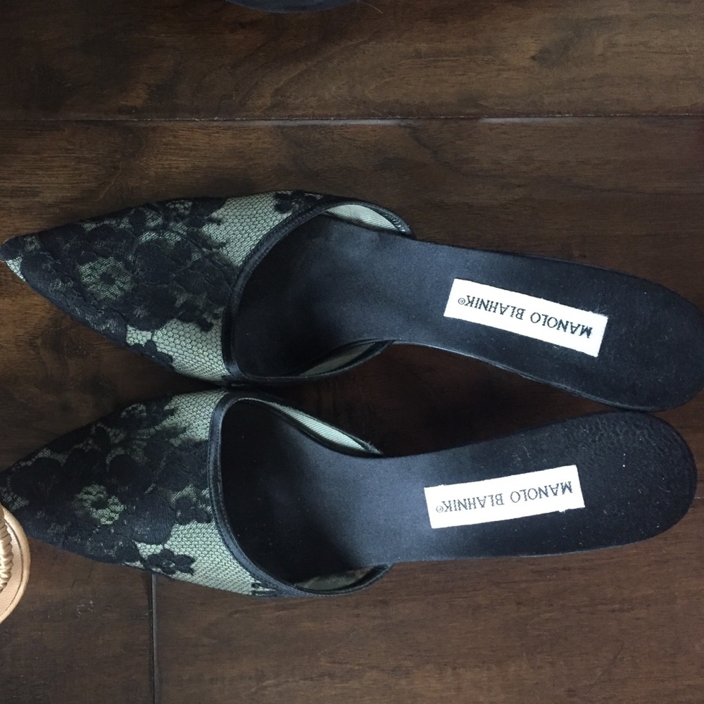 Manila Blahnik black lace slip on heels