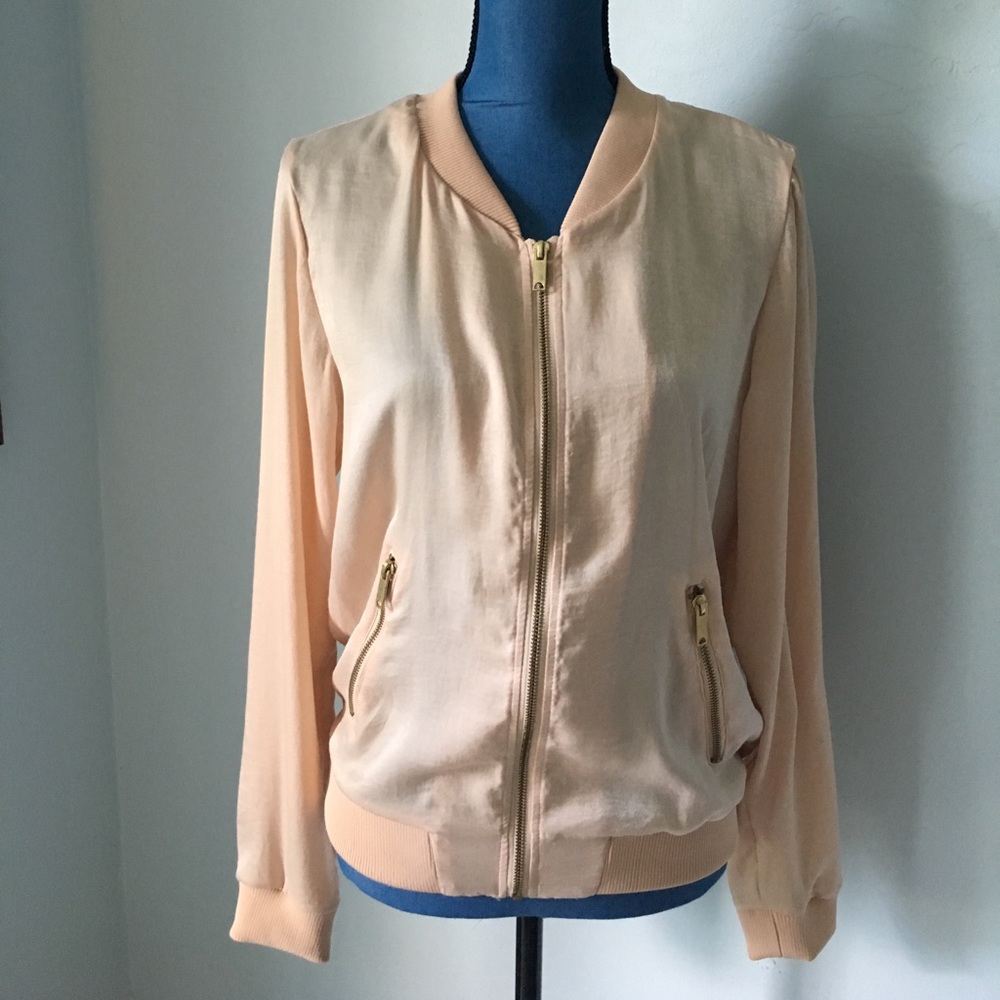 Bershka Light Pink Satin Bomber Zipper Top EUC L