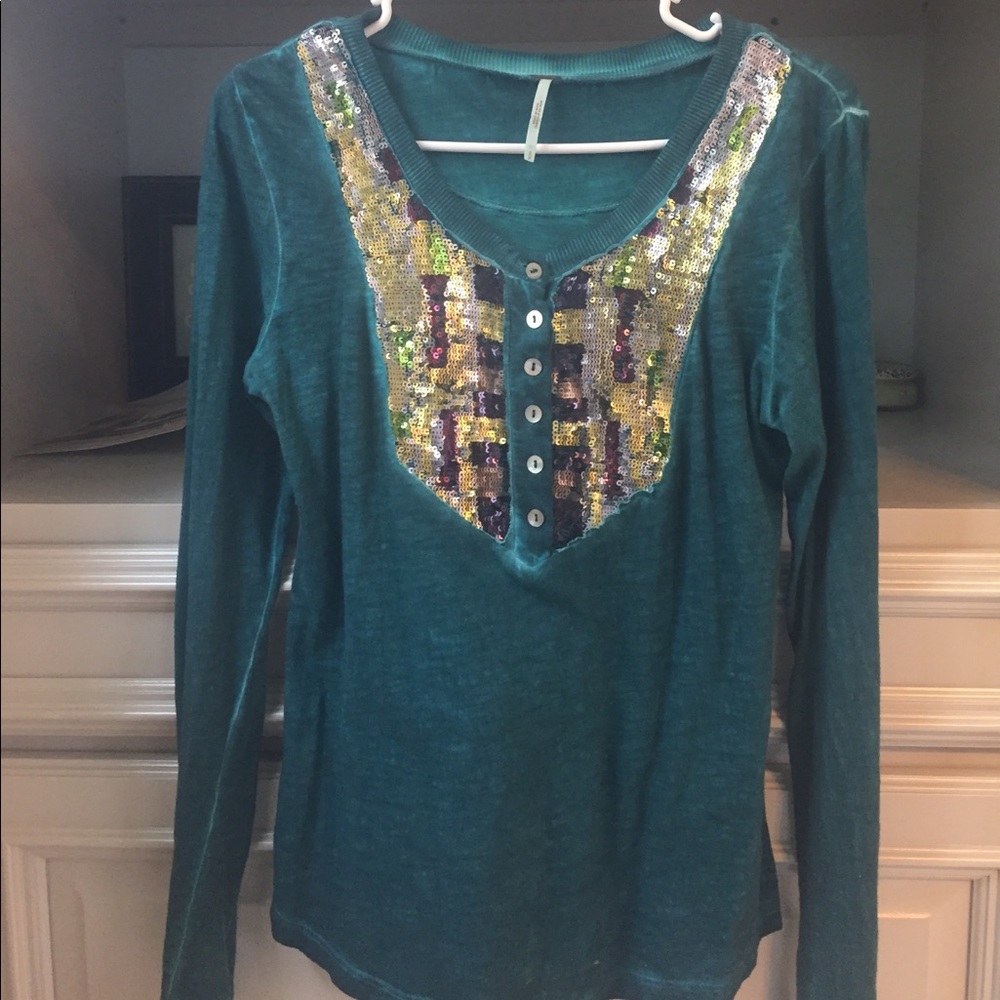 Free People green henley with sequined detail
