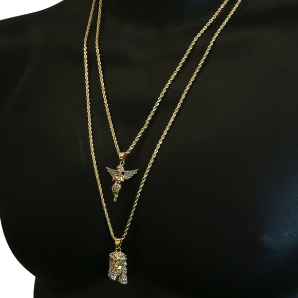 Mens Gold Two Piece Prayer Angel & Jesus Set Pendant Hip Hop 24 Rope Chain D428 Mens Gold Two Piece Prayer Angel & Jesus Set Pendant Hip Hop 24 Rope Chain D428