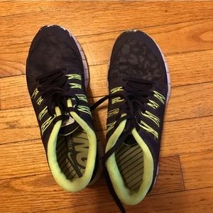 Nike free 5.0 purple and lime green tennis shoes