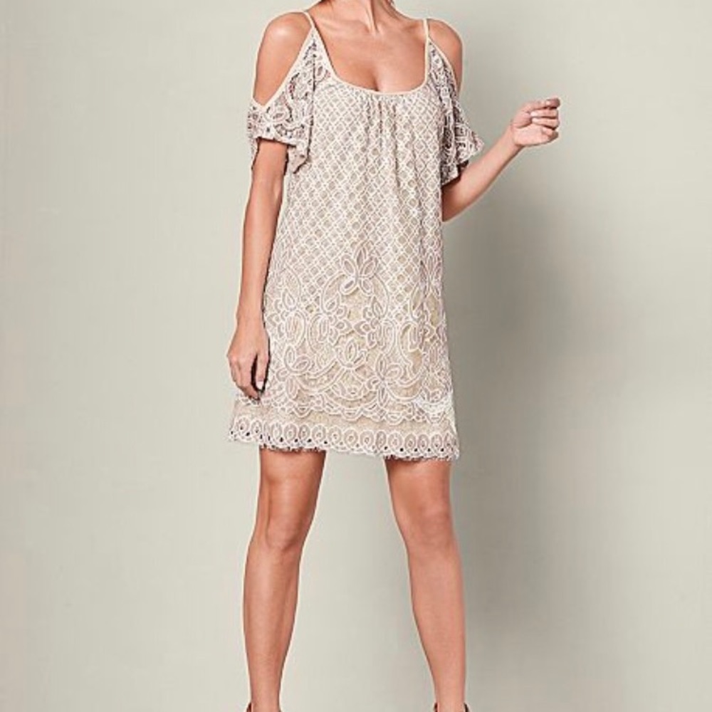 Beige Cold Shoulder Lace Dress
