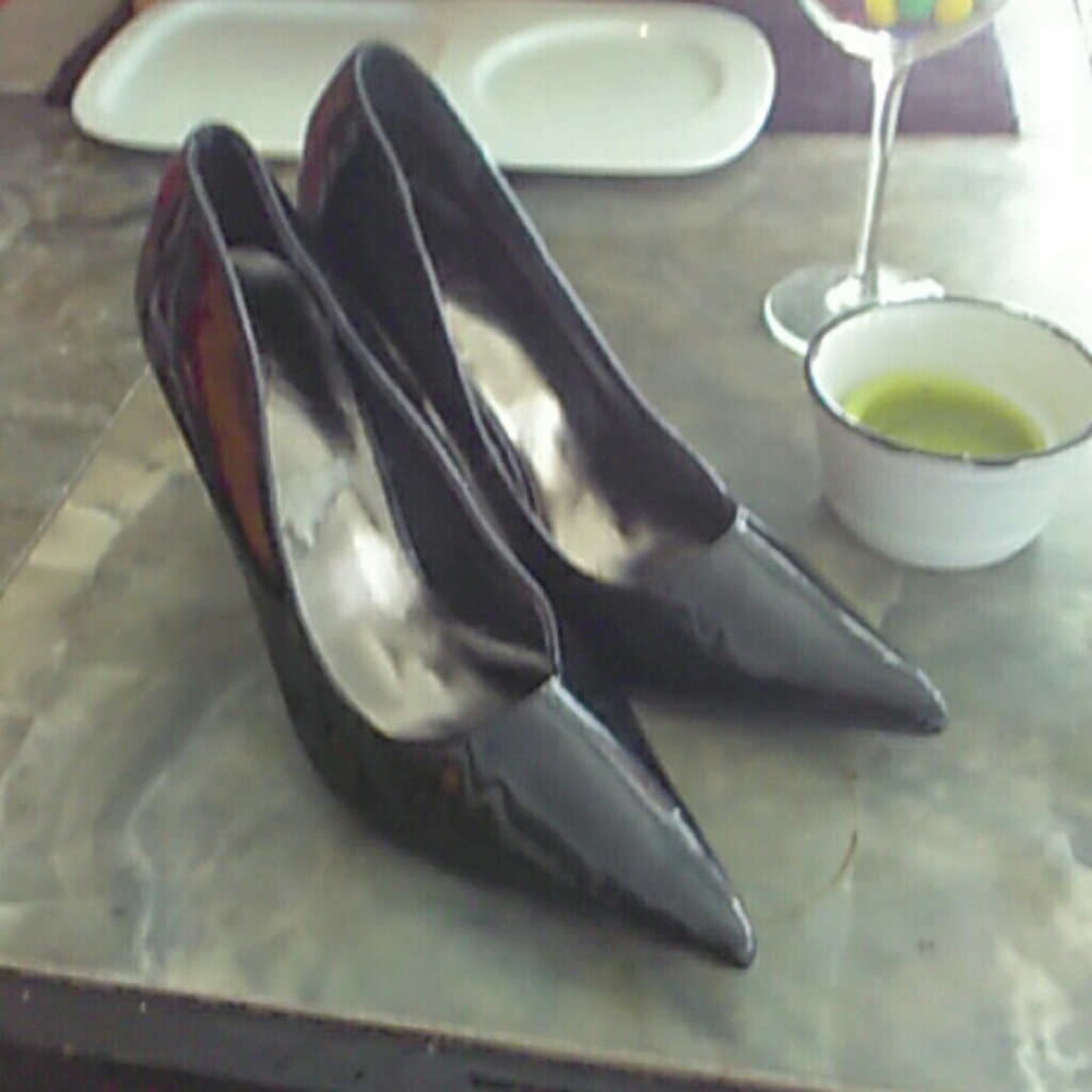 Faux patent leather pumps
