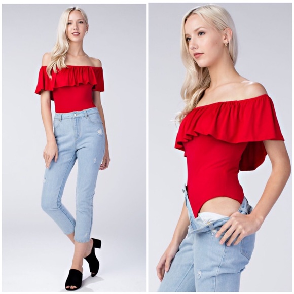 Honey Punch Off Shoulder Bodysuit in Red - Picture 2 of 3