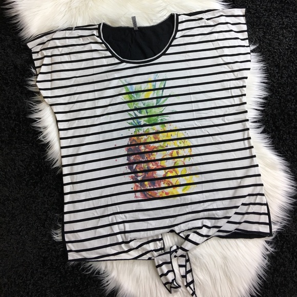 Pineapple & Stripes Tie Front T-shirt Size Large - Picture 2 of 4