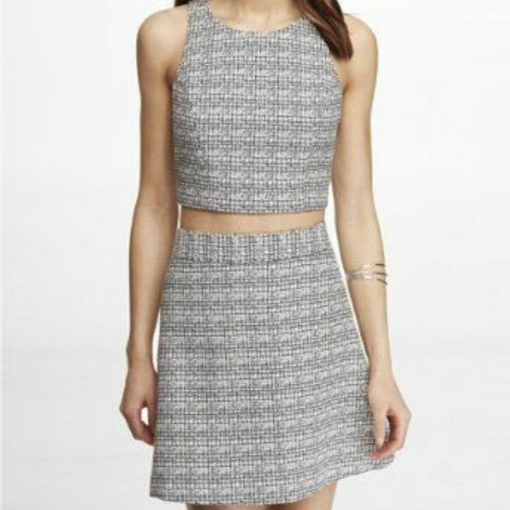 Express Crop Top Skirt Tweed Set White Black 8 L