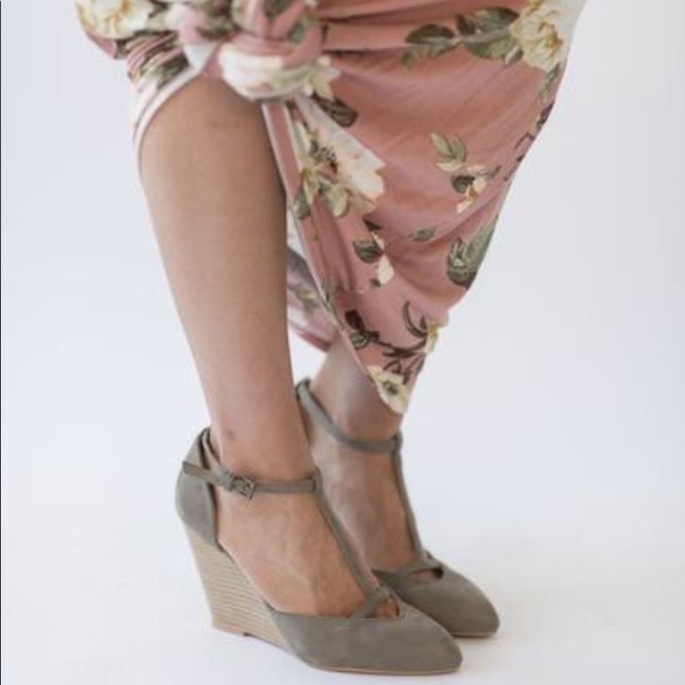 Suede T-strap wedge heels