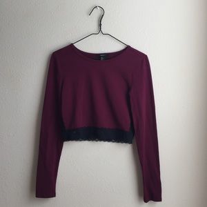 F21 Maroon Long Sleeve Crop Top With Lace