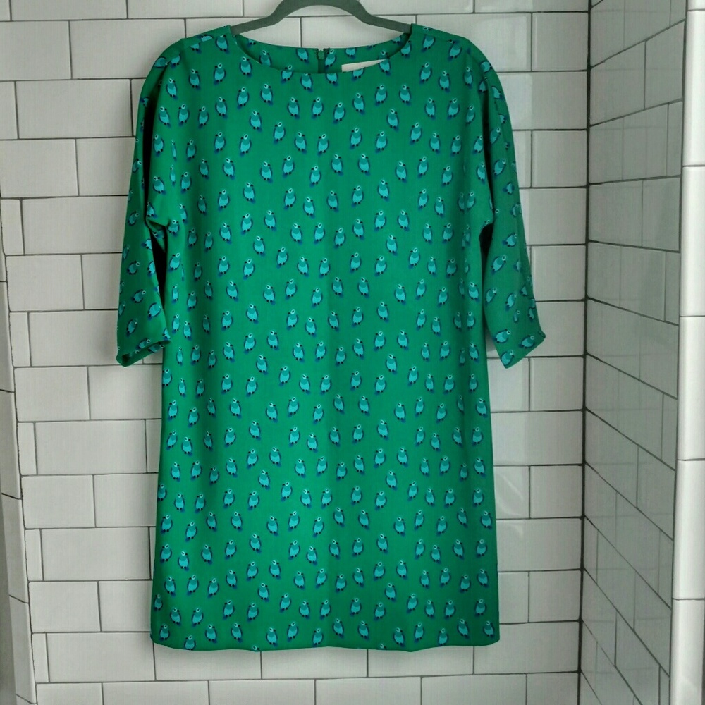 LOFT Green Blue Bird Print Shift Dress
