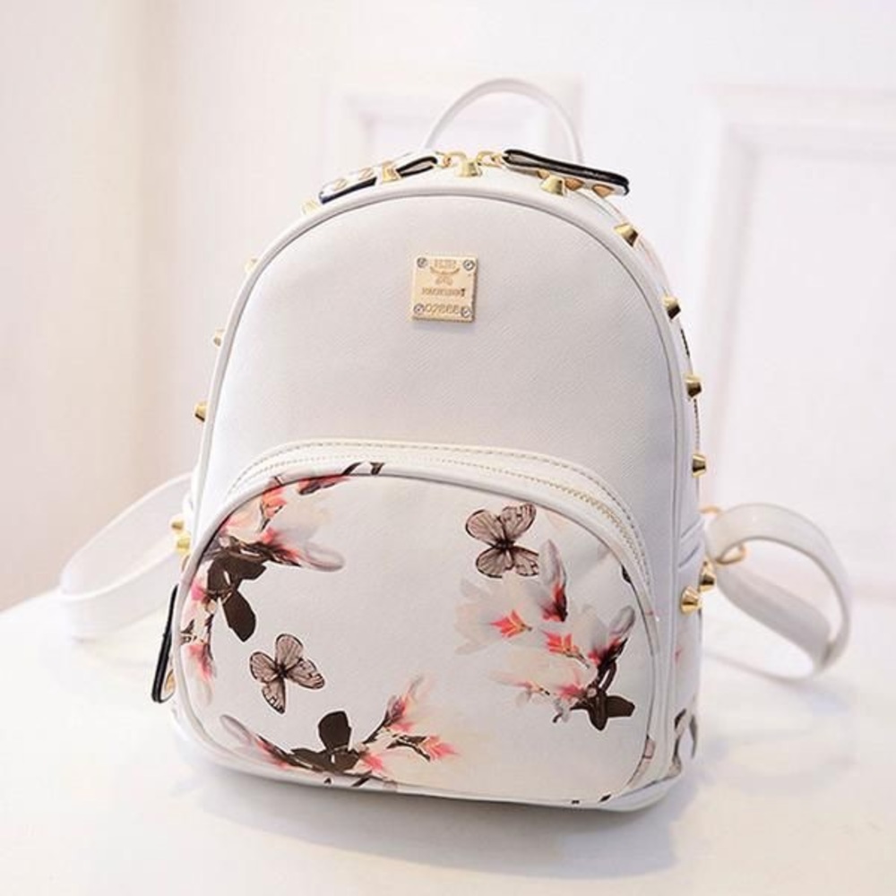 Mini Travel White Gold Embellished Backpack♡