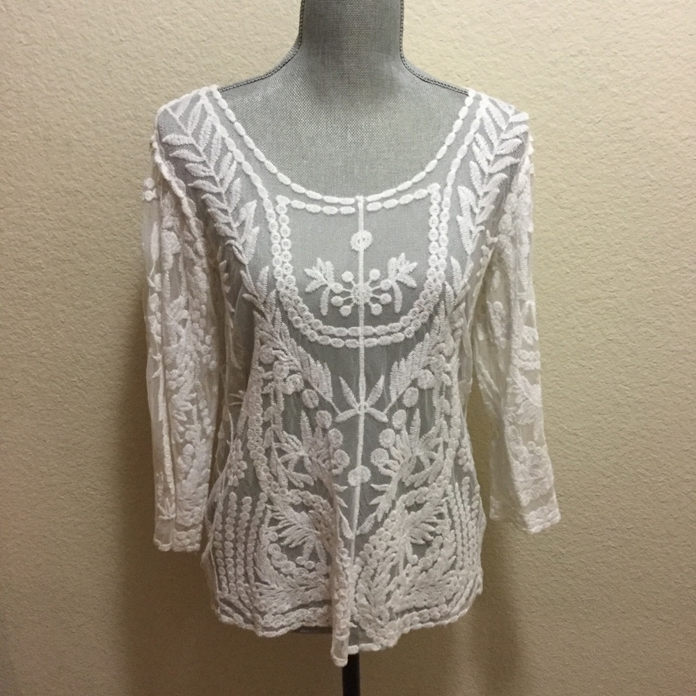 Saint Tropez Ivory Lace Sheer Long Sleeve Top