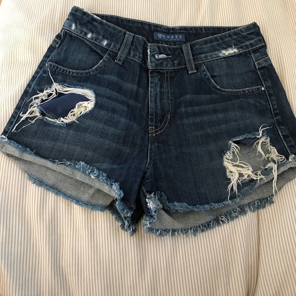 Guess distressed dark wash denim shorts