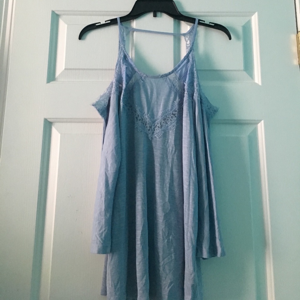 blue cold shoulder lace shirt