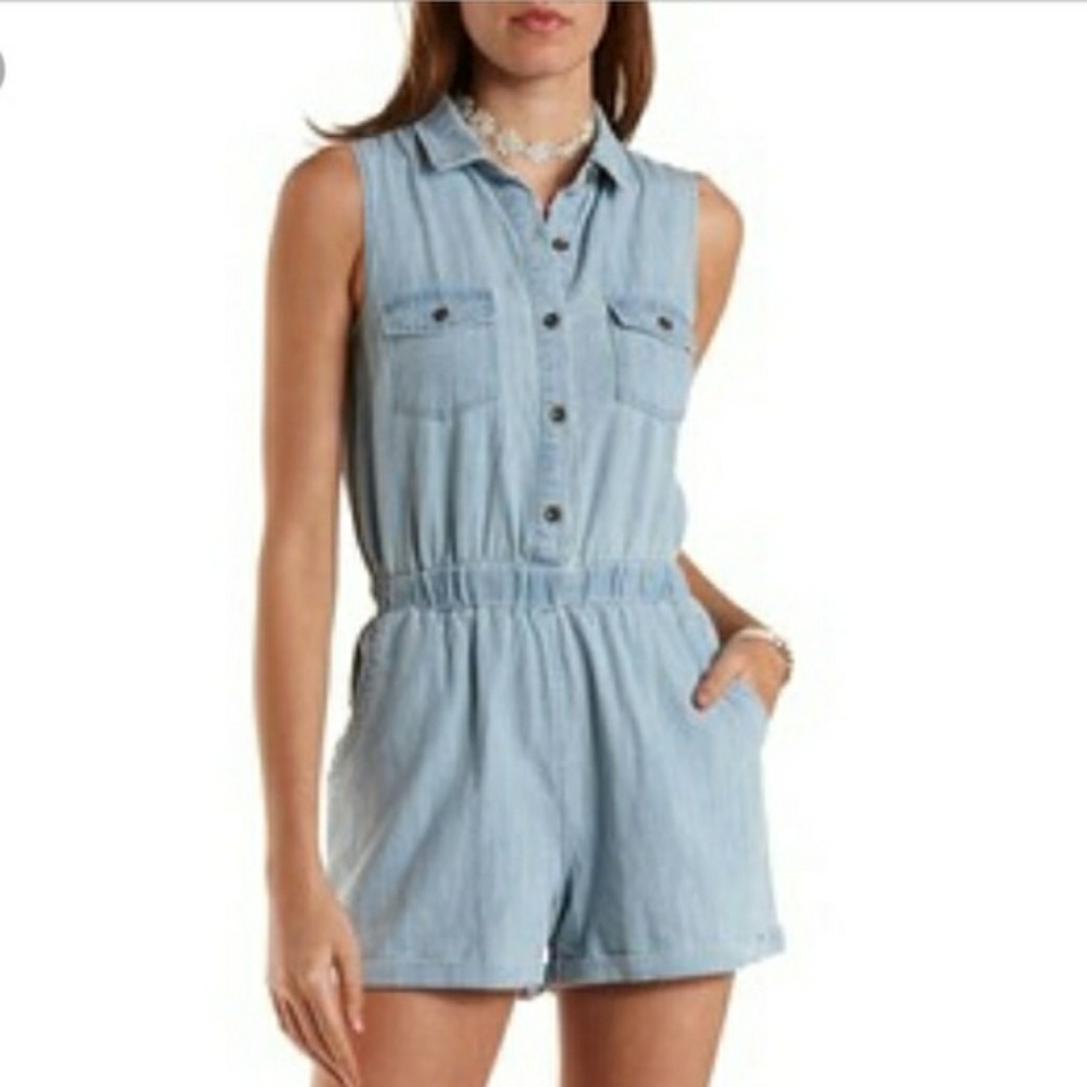 Charlotte Russe Denim Romper Shorts Sleeveless S