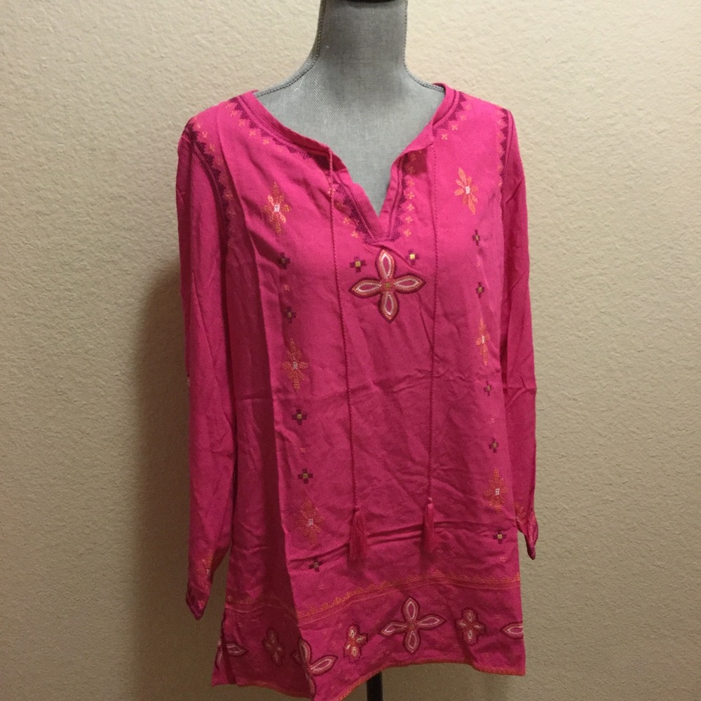 NWOT Hot Pink Embroidered Long Sleeve Tunic