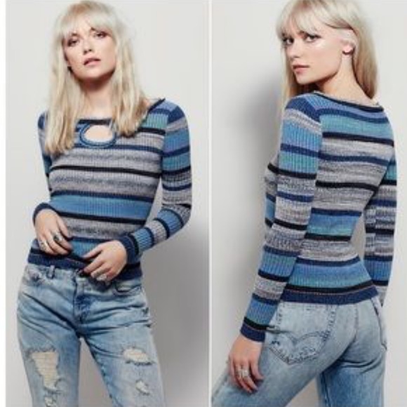 Free People Sweaters - FREE PEOPLE KEYHOLE SWEATER striped blue knit Top