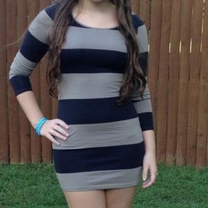 H&M Taupe/Black Stripe Bodycon Long Sleeve Dress