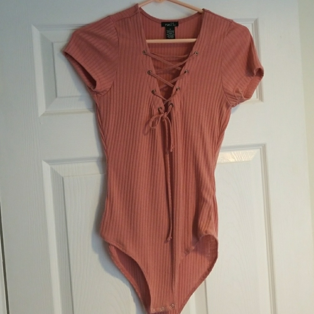 Pink rib knit lattice bodysuit