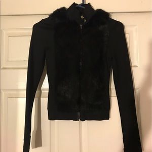 Bebe black rabbit fur zip up sweater