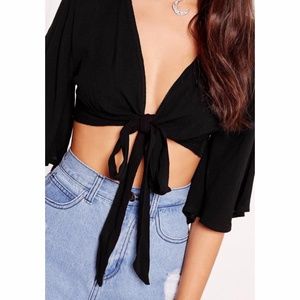 Black Tie Front Crop Top Bolero 3/4 Sleeve Cinched