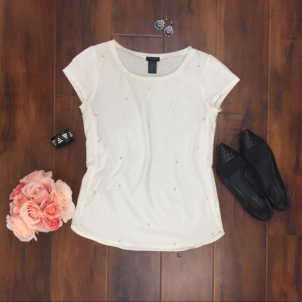 Ann Taylor White Pearl Embellished Top