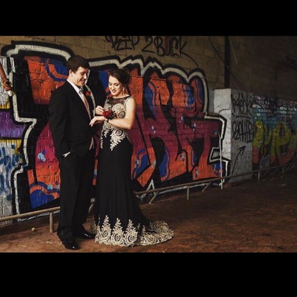 Black and gold prom dress