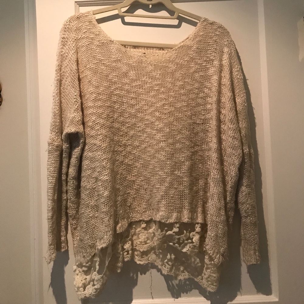 white LF sweater with lace trim
