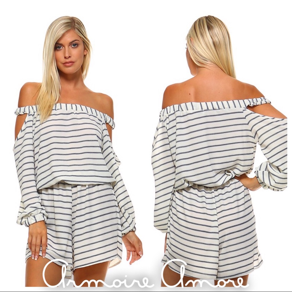 Navy ivory stripe romper