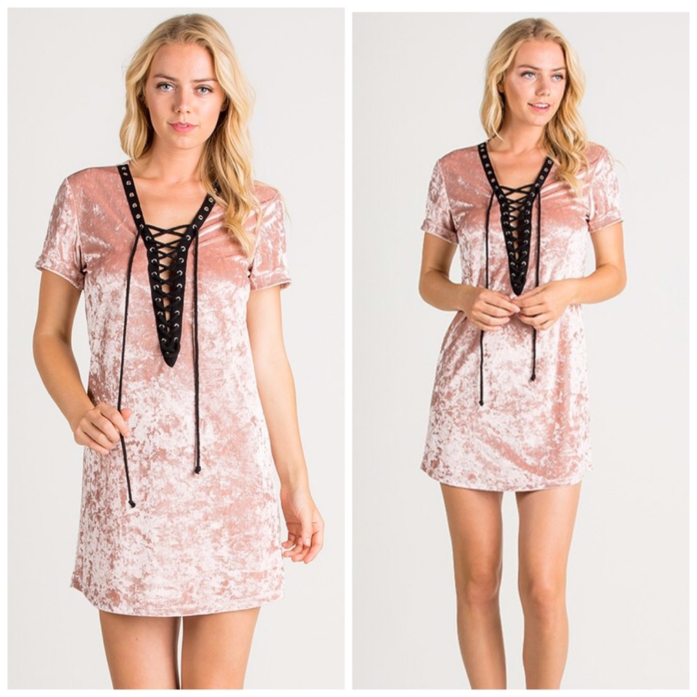 Crushed Velvet Eyelet Lace Up Tunic Dress - Picture 3 of 4