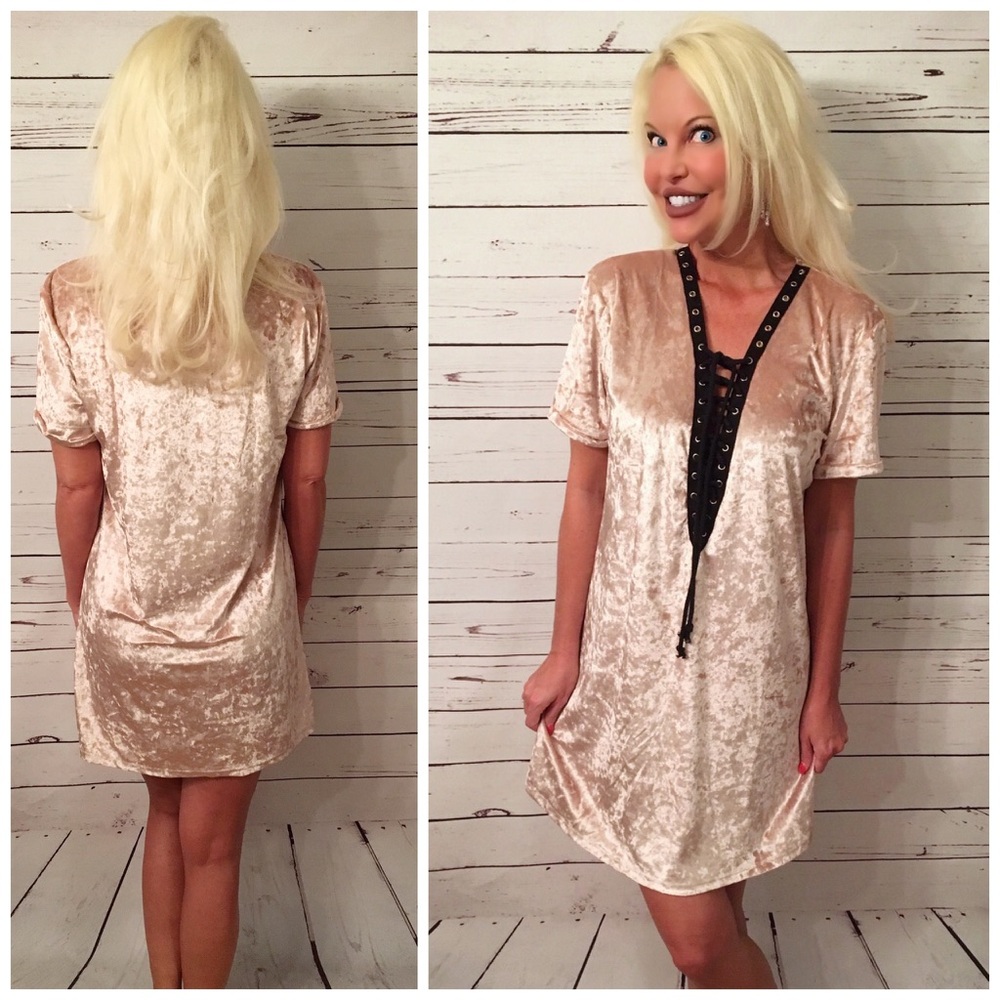 Crushed Velvet Eyelet Lace Up Tunic Dress - Picture 2 of 4