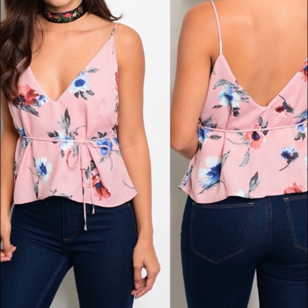 NWT Pink Floral Waist Tie Top