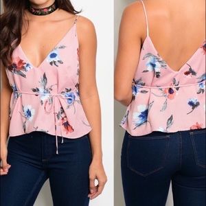 NWT Pink Floral Waist Tie Top