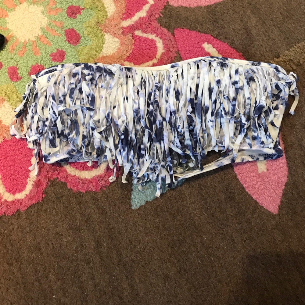 Blue and white bandeau swim top