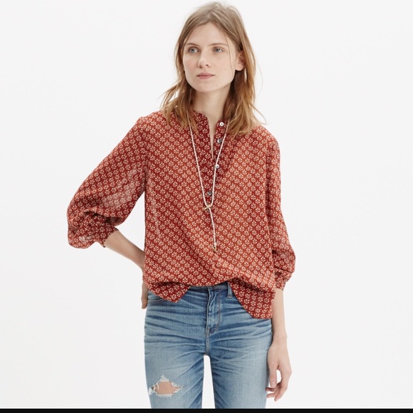 Madewell Tops - • Madewell • Shirred Popover Red Shirt XS